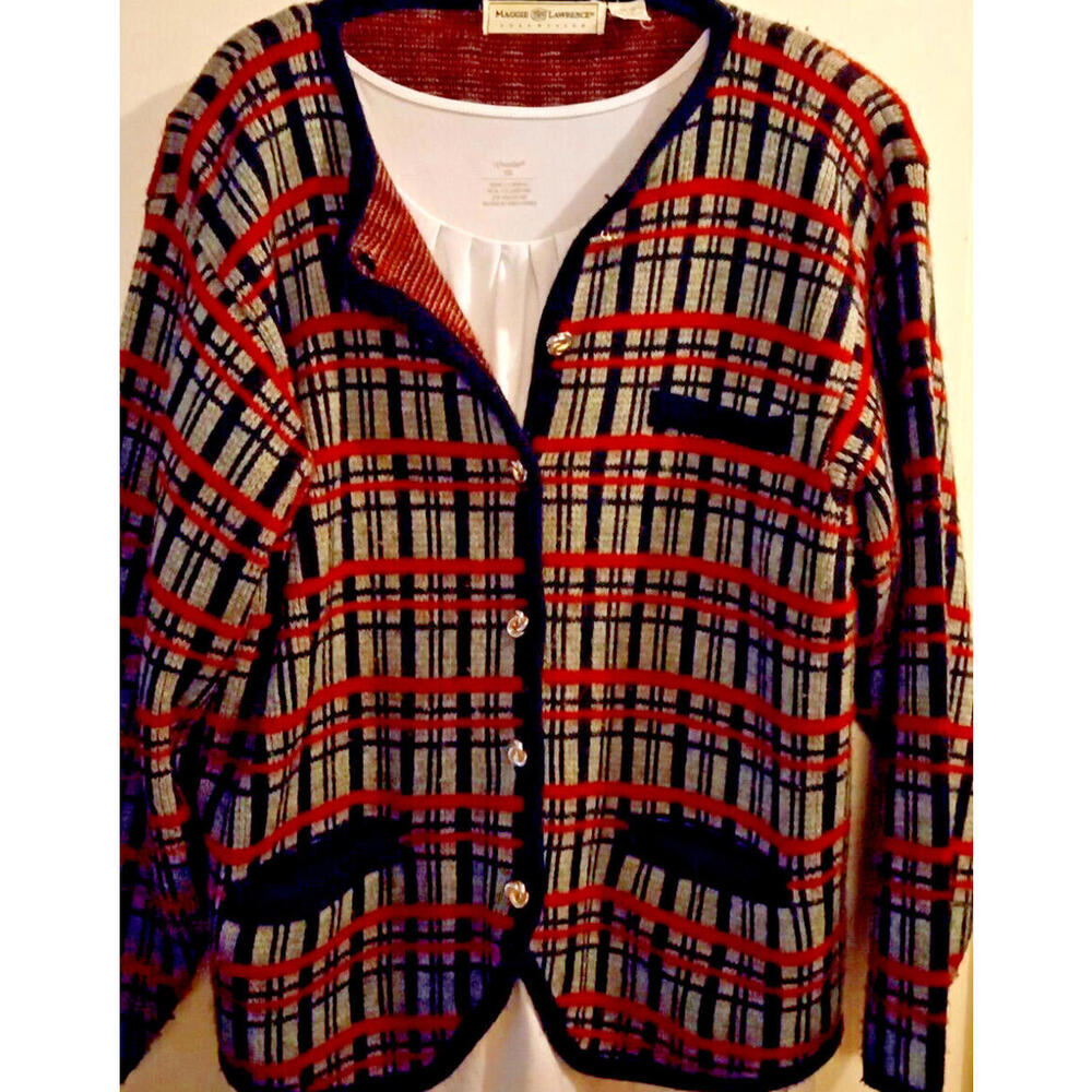 Maggie Lawrence Size L Cardigan, Vintage! Red, Black, Grey, Pre-Owned